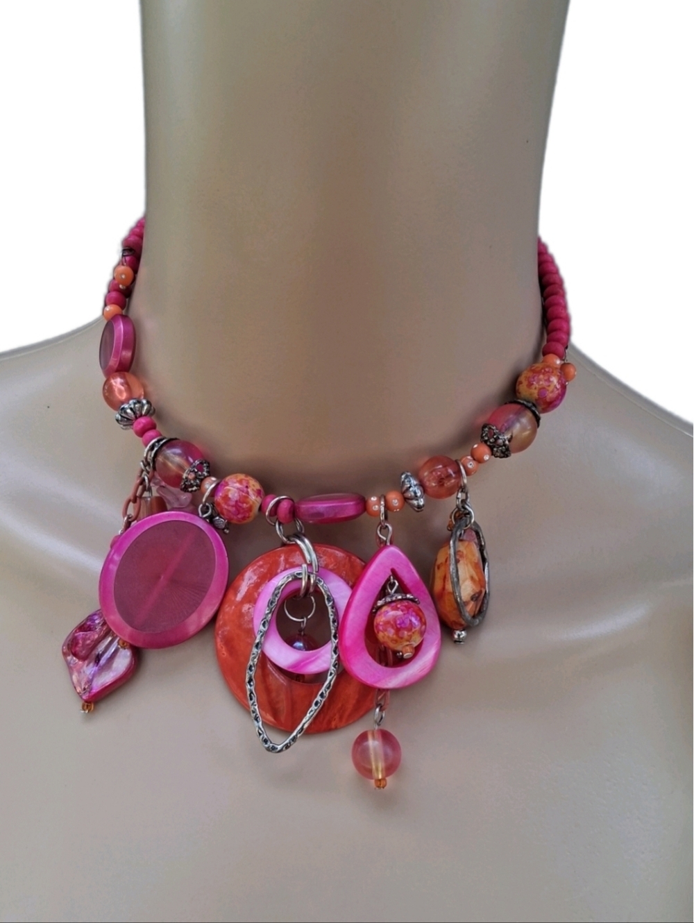 Y2K Boho Pink & Orange Multi-Charm Memory Wire Choker Necklace